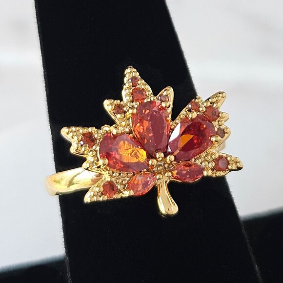 Gold maple Leaf ring with Citrine Gemstones, Fragrant Jewels Fall Autumn - Picture 1 of 4